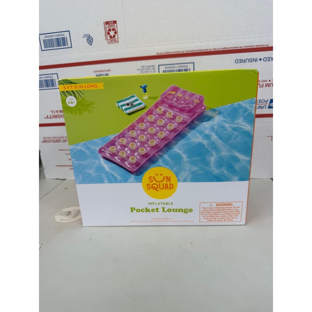 New Sun Squad Pink Inflatable Pocket Lounge Pool Float 5ft 9in Long